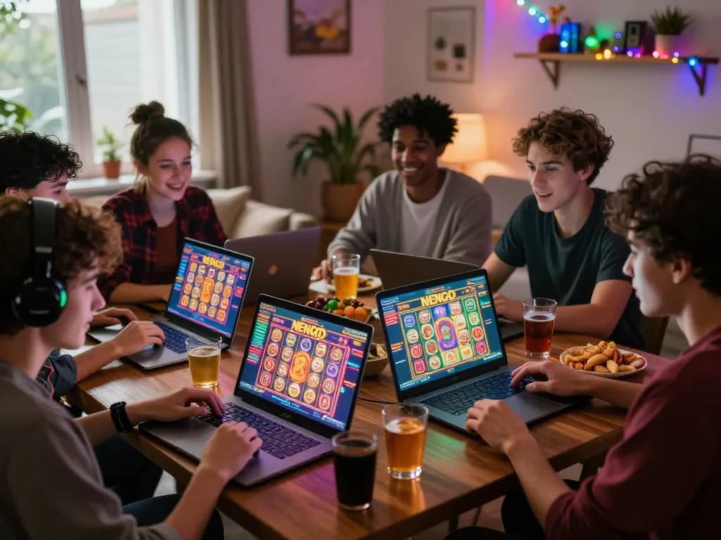 Friends playing NENG4D online slot game at home, showcasing exciting gameplay and social atmosphere.