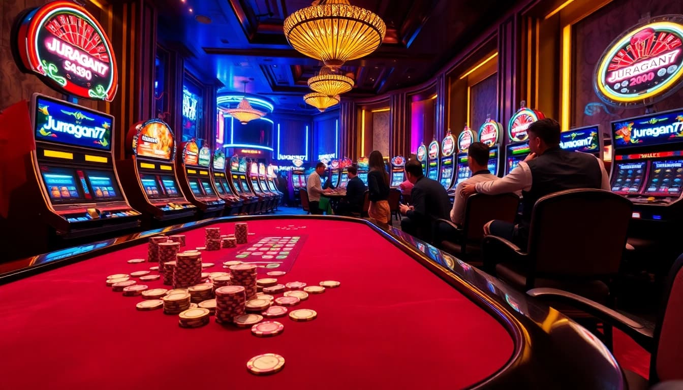 Players enjoying a vibrant poker game at a luxurious casino, showcasing juragan77-themed excitement.