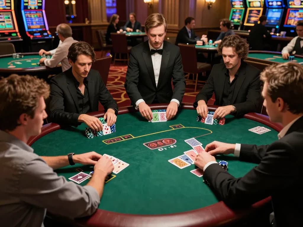 SC88 poker players strategizing at a luxury casino table, showcasing intense gameplay.