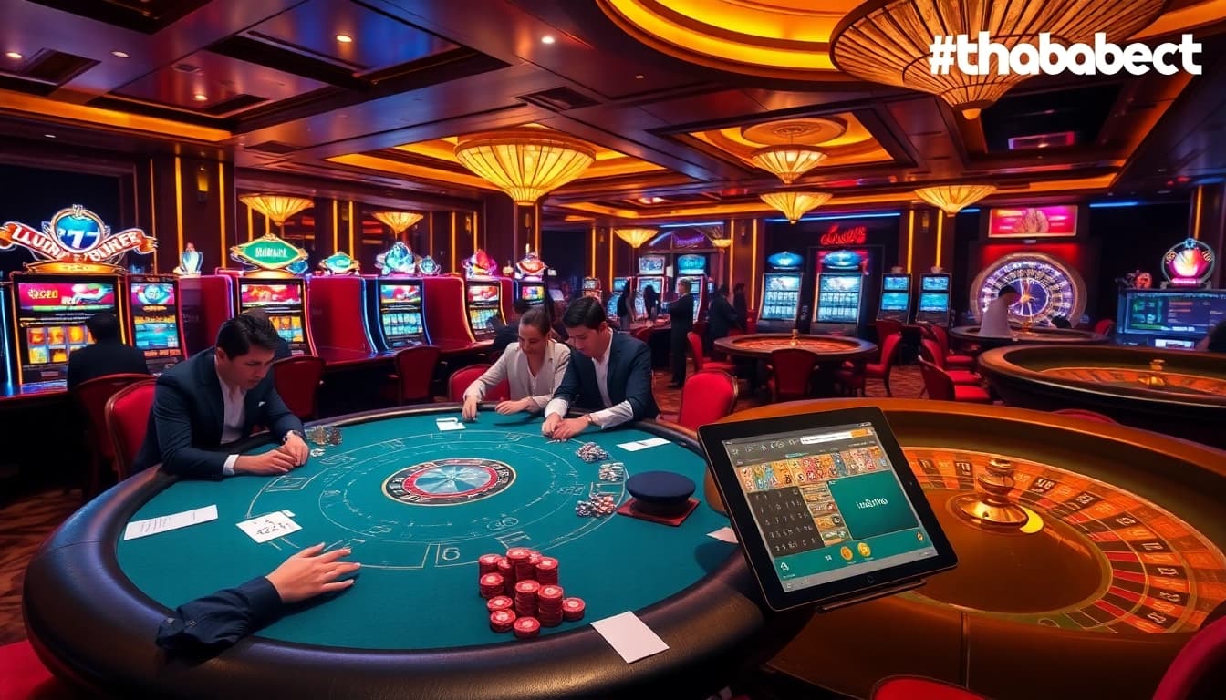 Experience the thrill of winning at https://thabet1.net/: A vibrant casino scene with poker games and slot machines.