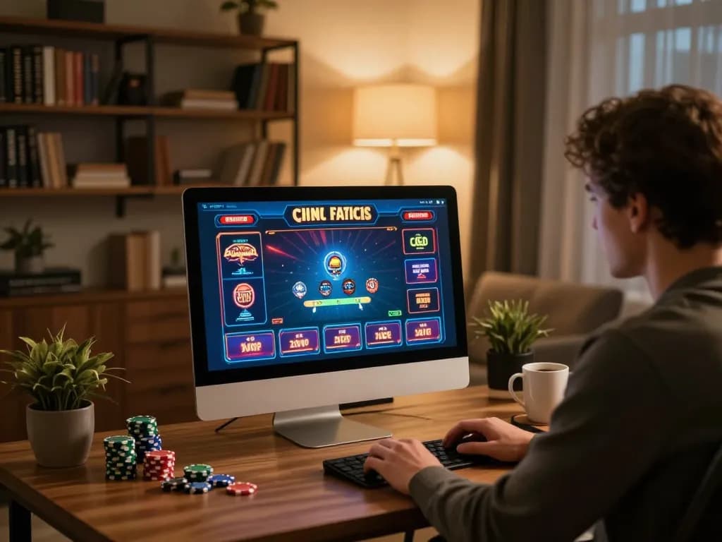 Engaging scene of a player using ho88 for online casino gaming, showcasing strategy and comfort in home office