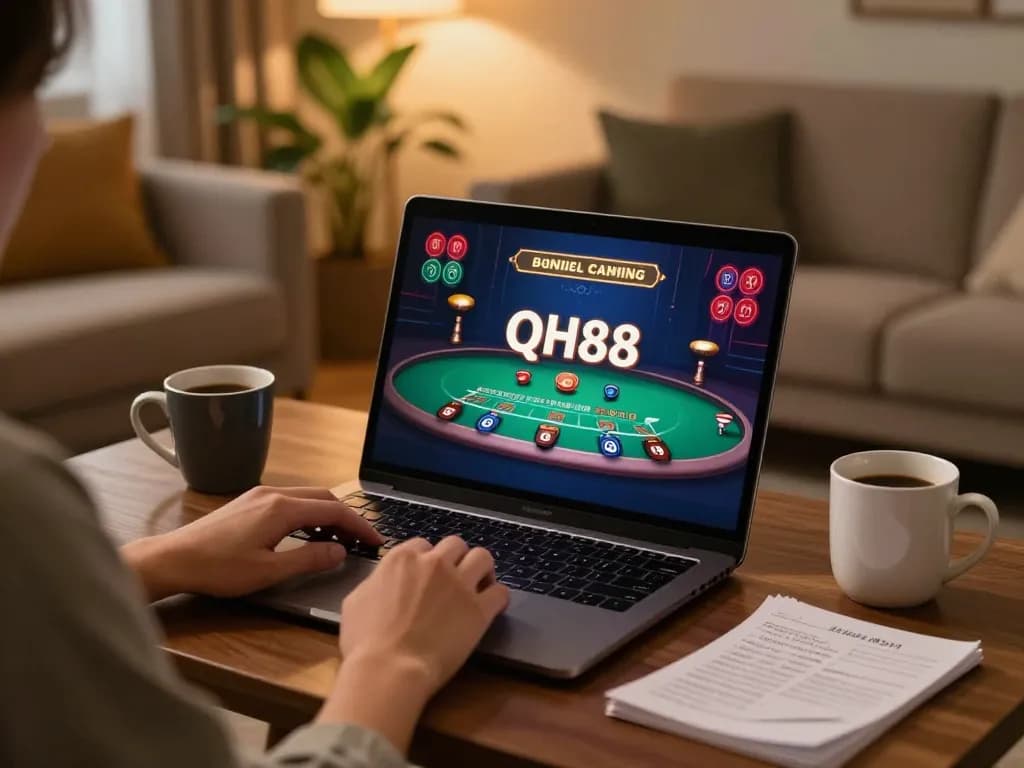 Player engaging with QH88 casino on laptop in cozy home setting, highlighting responsible gaming