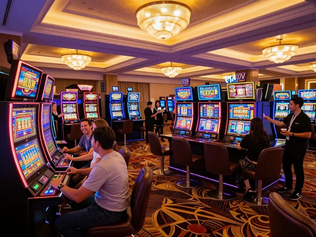 U888 players celebrating a big win at colorful slot machines in a vibrant casino environment.