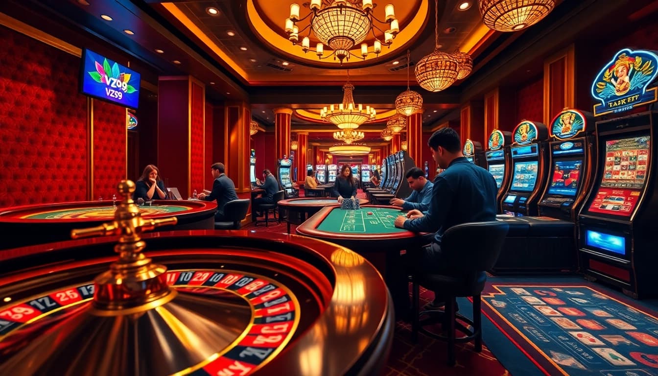 Feel the thrill of gaming at vz99 Casino with players engaging at roulette and poker tables.