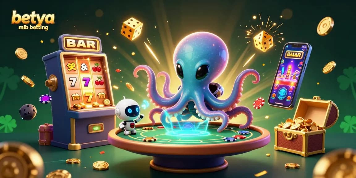 Engage in betya mlb betting as an alien octopus and robot play cards amidst vibrant casino elements.