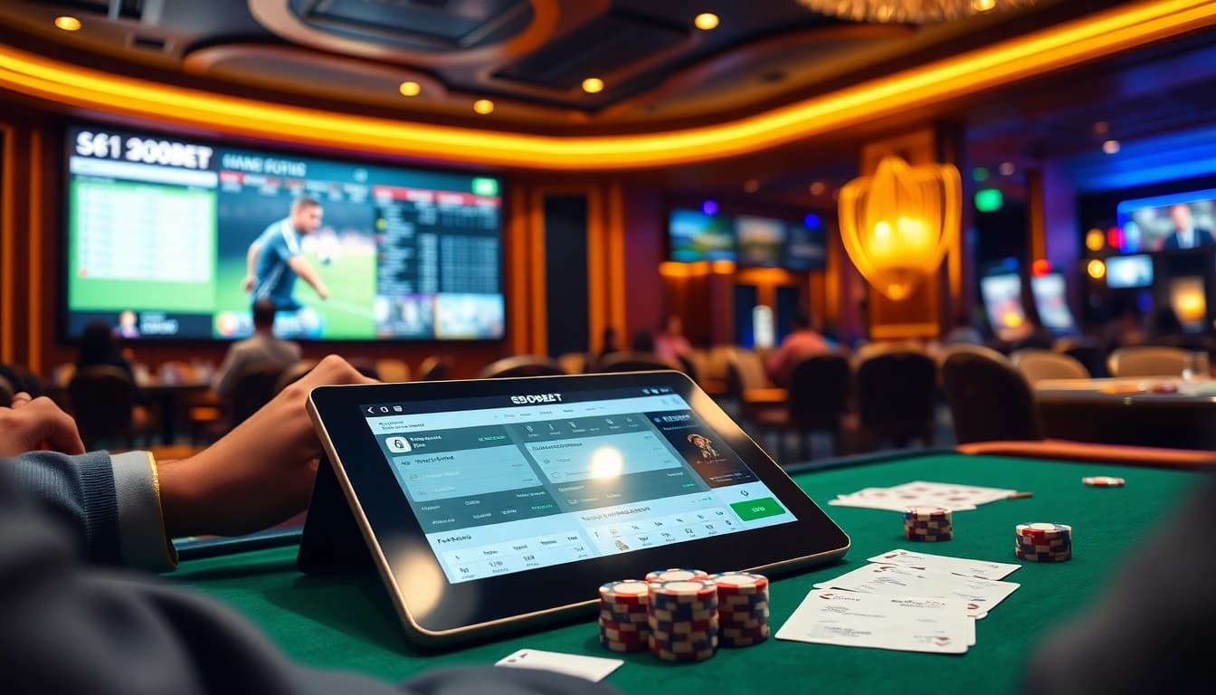 Betting on Judi Bola Resmi at a vibrant online sportsbook with poker chips and betting slips.