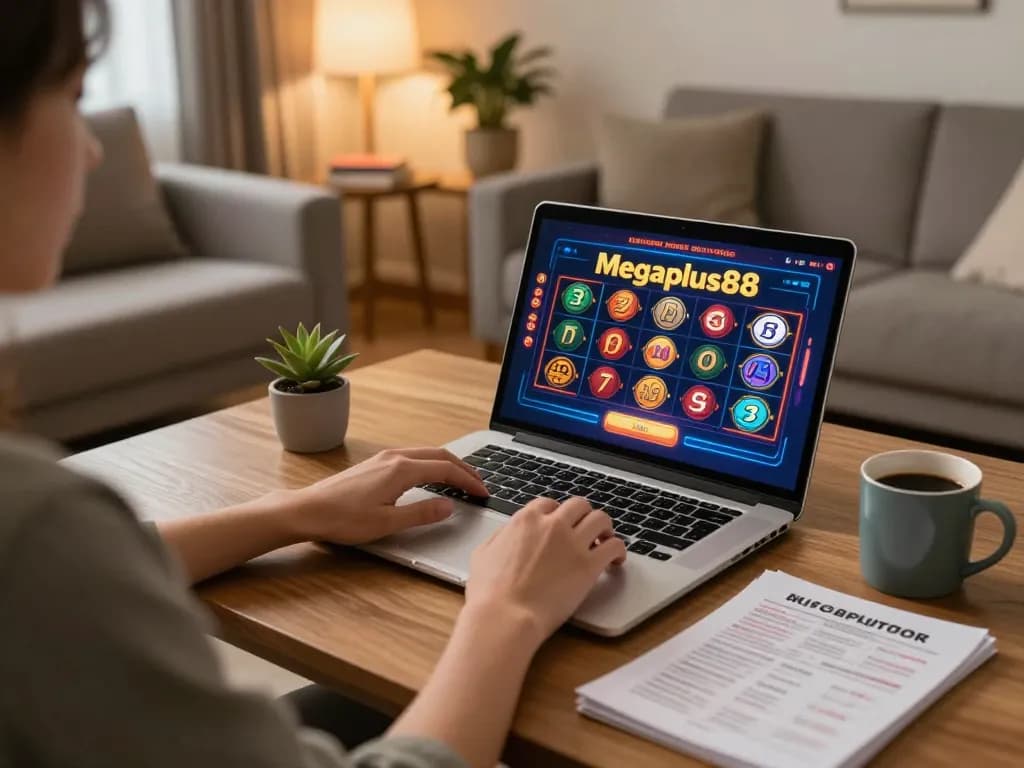 Engaging in online casino gaming on Megaplus88 with strategic notes and cozy atmosphere.