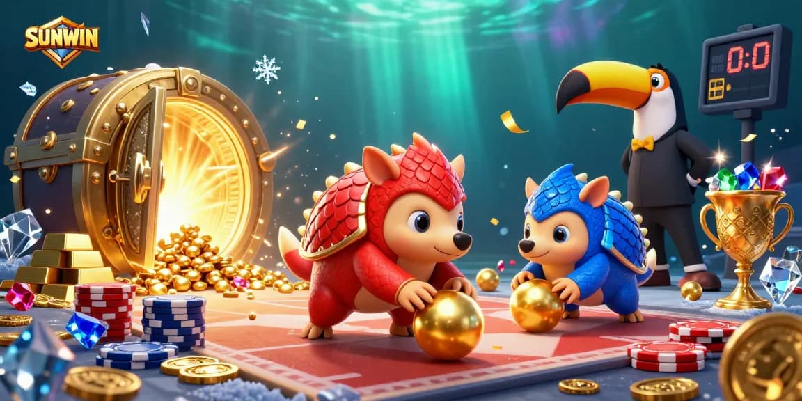SUNWIN invites players to score big with dynamic cartoon pangolins bowling through poker chips and treasure in a vibrant casino.