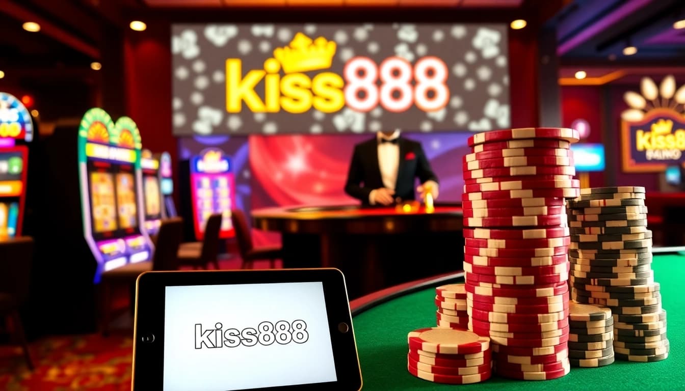 Kiss888 online casino scene with vibrant slot machines and a dealer at a roulette table, showcasing mobile gaming.