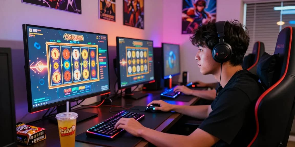 Player engaging with OSAKA88 online slot game, dynamic gaming setup with vibrant atmosphere