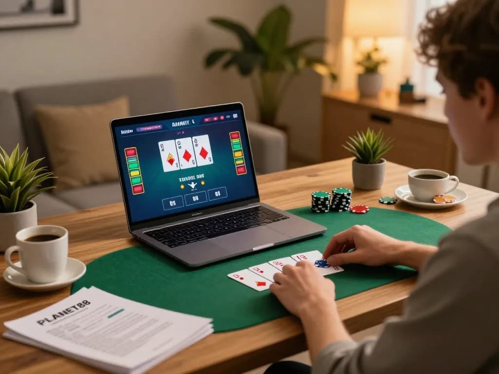 Engaging in a live poker game on a laptop while exploring PLANET88 for strategic gaming.