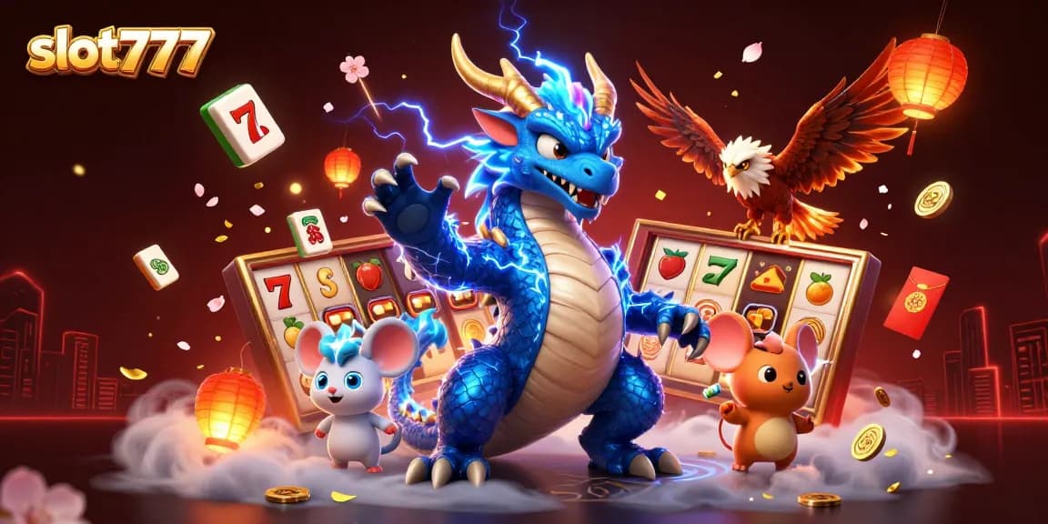 Play slot777 with engaging characters and vibrant casino elements in a thrilling scene.