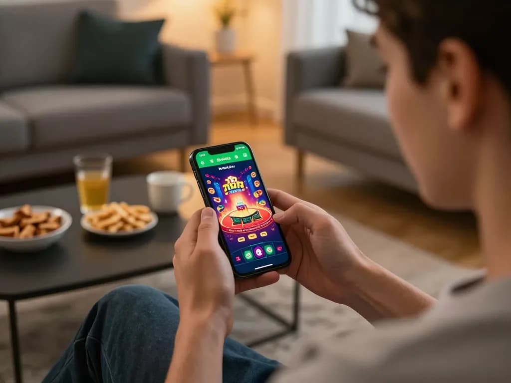 Engaged player using 78win app for thrilling mobile gambling session in cozy living room
