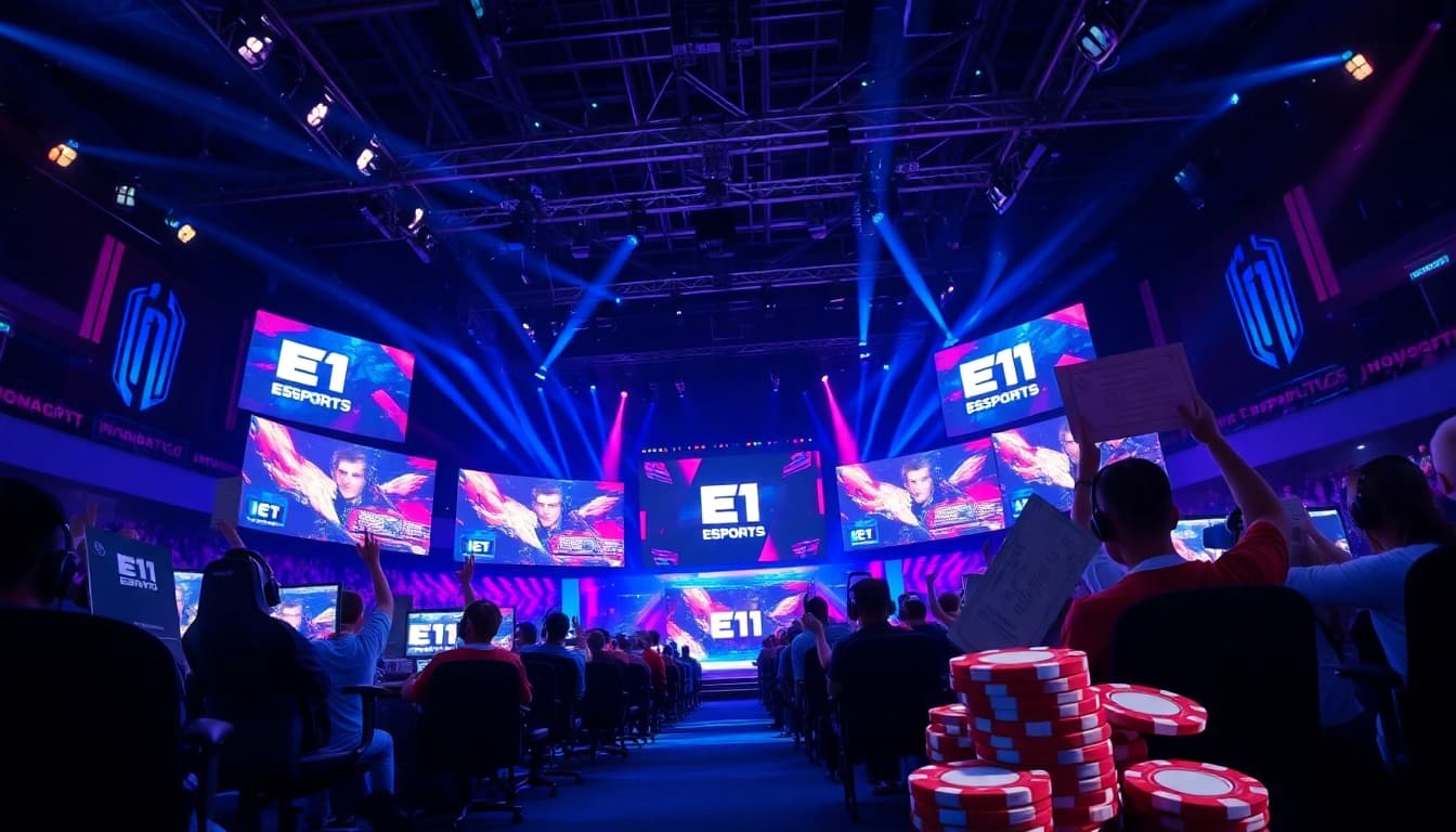 E1 Esports champions competing with intensity amid a vibrant gambling-inspired atmosphere.