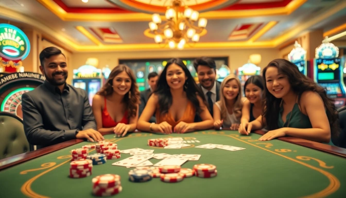 Players enjoying an exciting game at a luxurious lc88 casino table with chips and cards.
