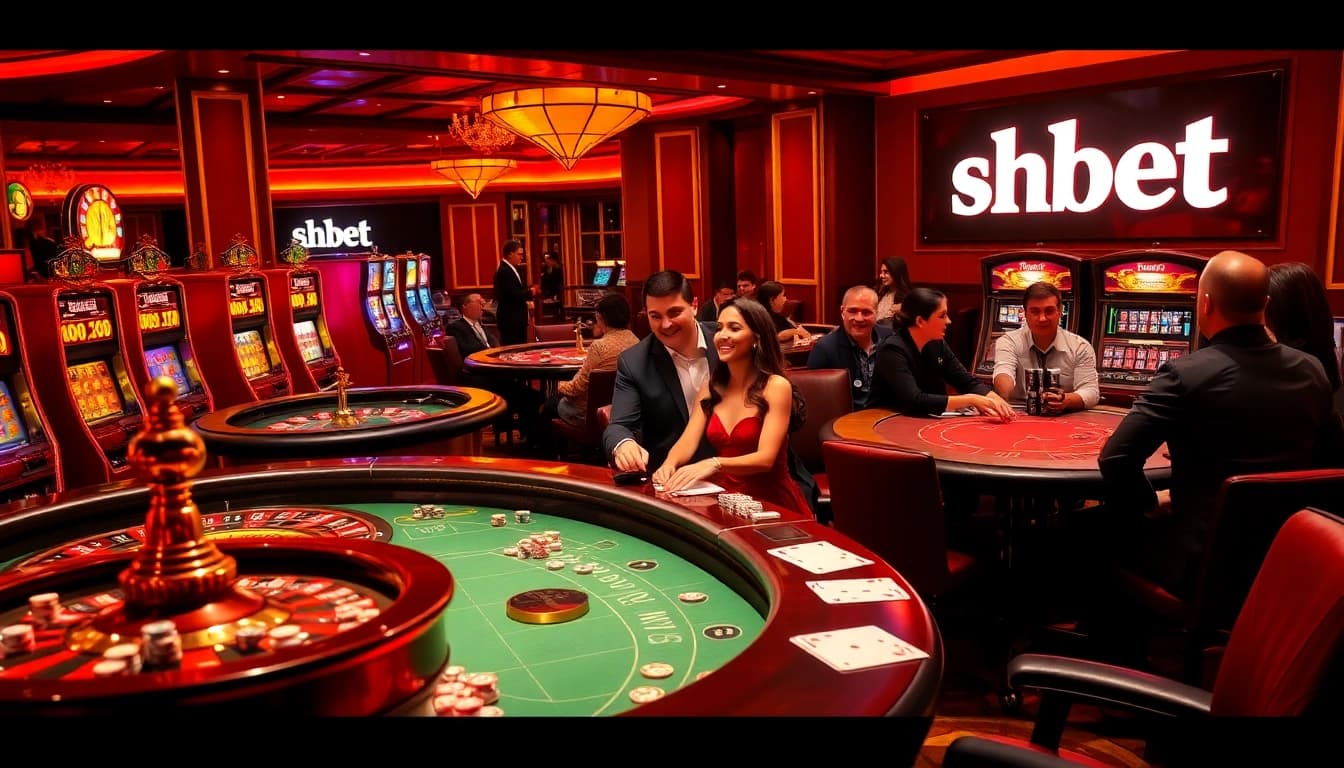 Engaging casino atmosphere featuring shbet gaming tables, chips, and vibrant slot machines.