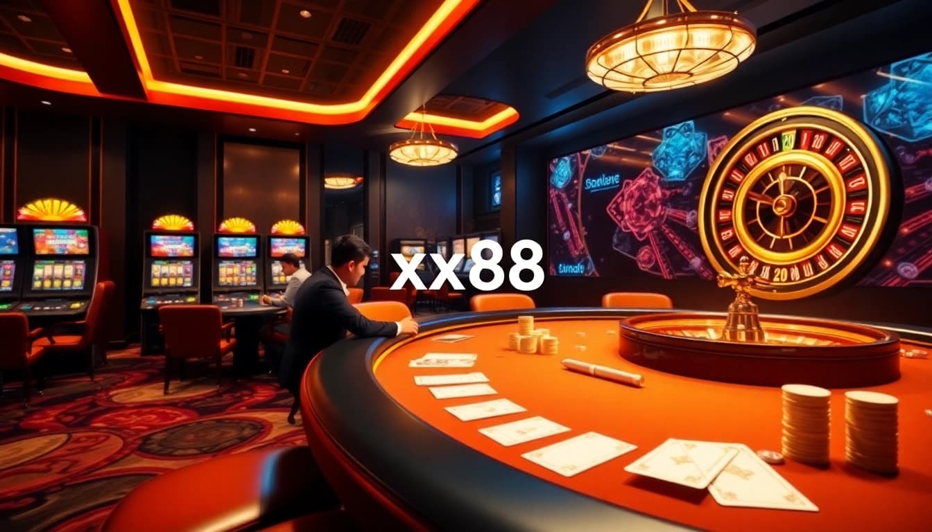 Experience the thrilling atmosphere at xx88's modern casino with poker tables and vibrant slots.
