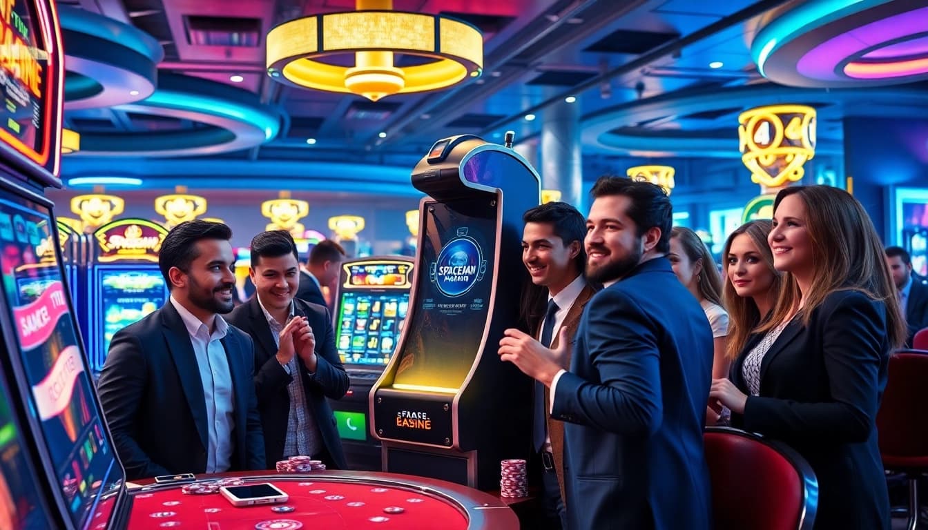 Players engaging with the exciting Spaceman slot machine at a vibrant casino.