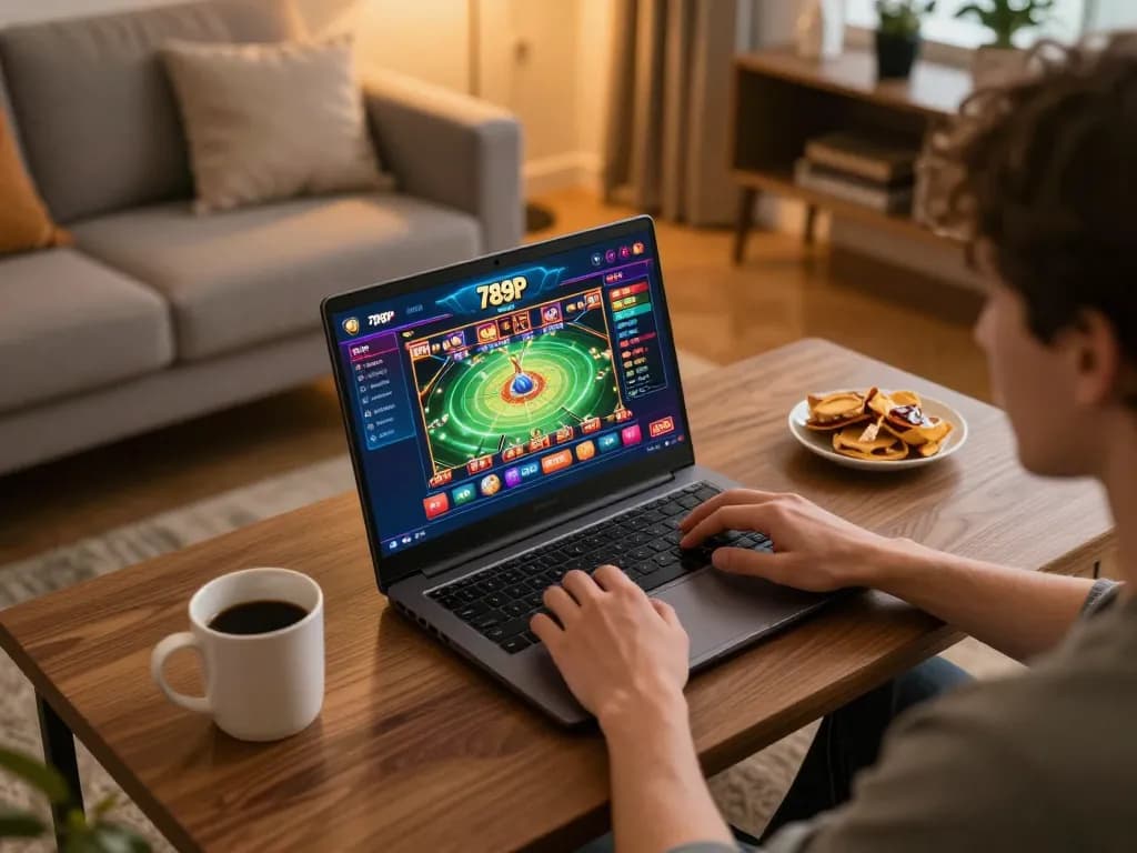 Engaged user playing casino games on 789P online platform with laptop and comfortable setup