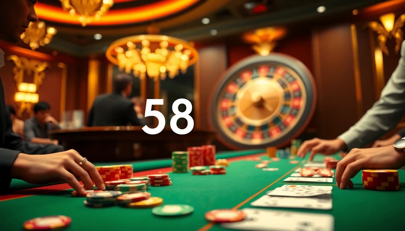 Experience thrilling action at 58win casino tables with poker chips and roulette wheels.