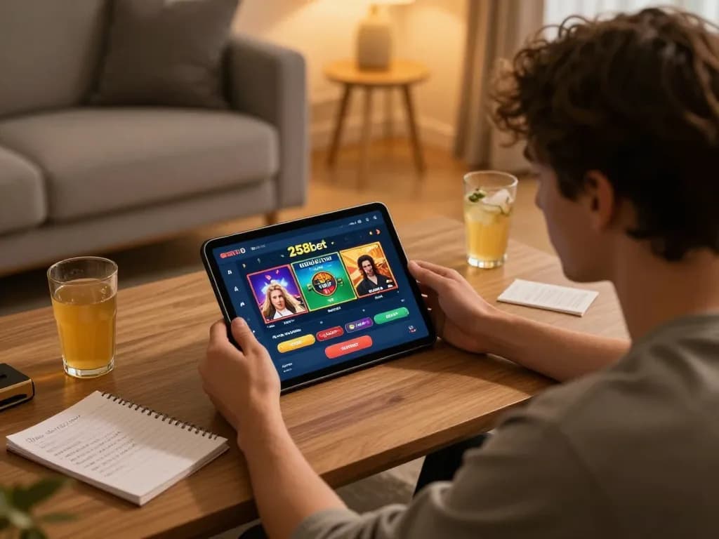 Engaging scene with a player betting on the 258bet app, highlighting online gambling strategies and responsible gaming.