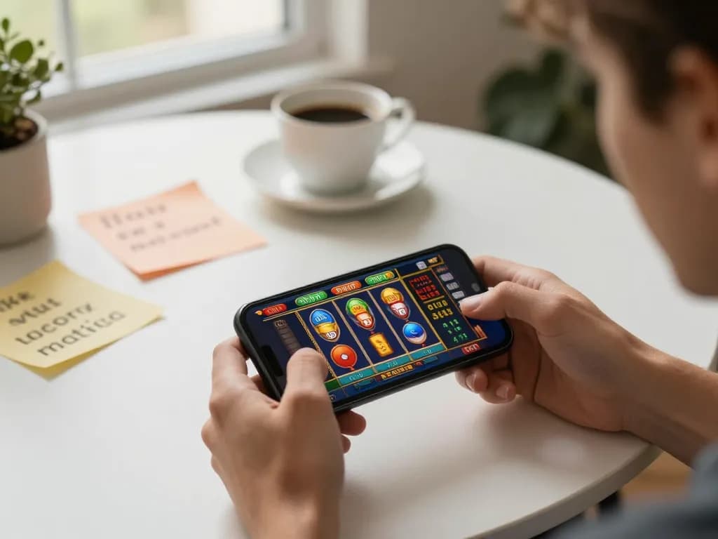 Player enjoying mobile casino gaming on smartphone with cm88 app interface visible and betting notes around