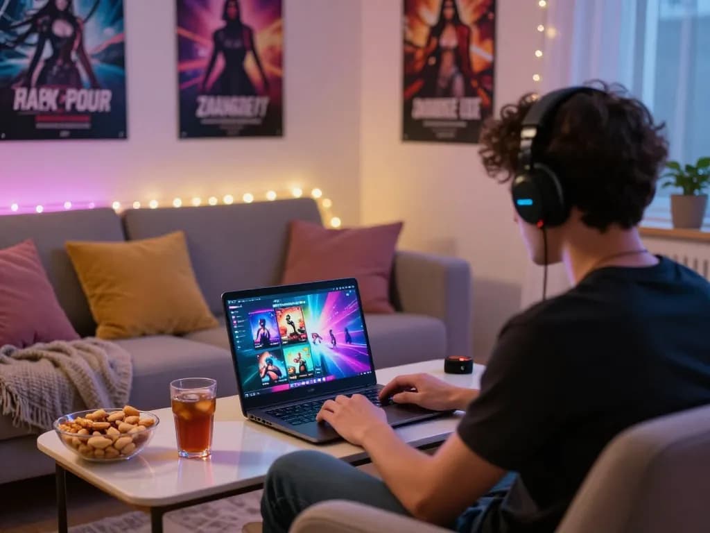 Engaging scene of a player enjoying sex games on a laptop in a cozy living room atmosphere.