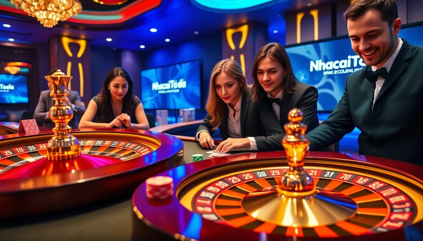 A thrilling gameplay scene at a casino highlighting the excitement of nhacaiuytinvn.us.com with poker chips and roulette wheel.