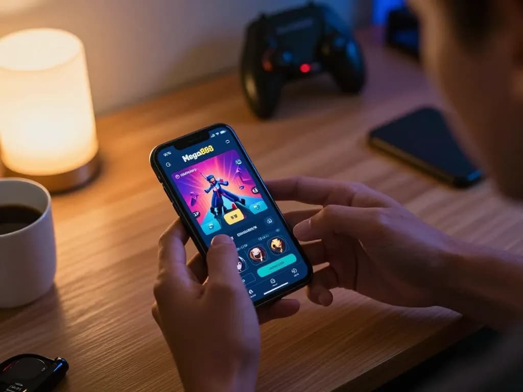 Mega888 Official app showcased on a mobile device in a cozy home environment, highlighting user engagement in online gaming.