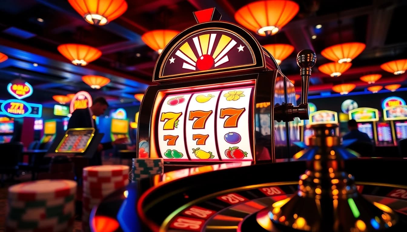 Players celebrating a jackpot win on a vibrant slot machine in a luxurious casino.