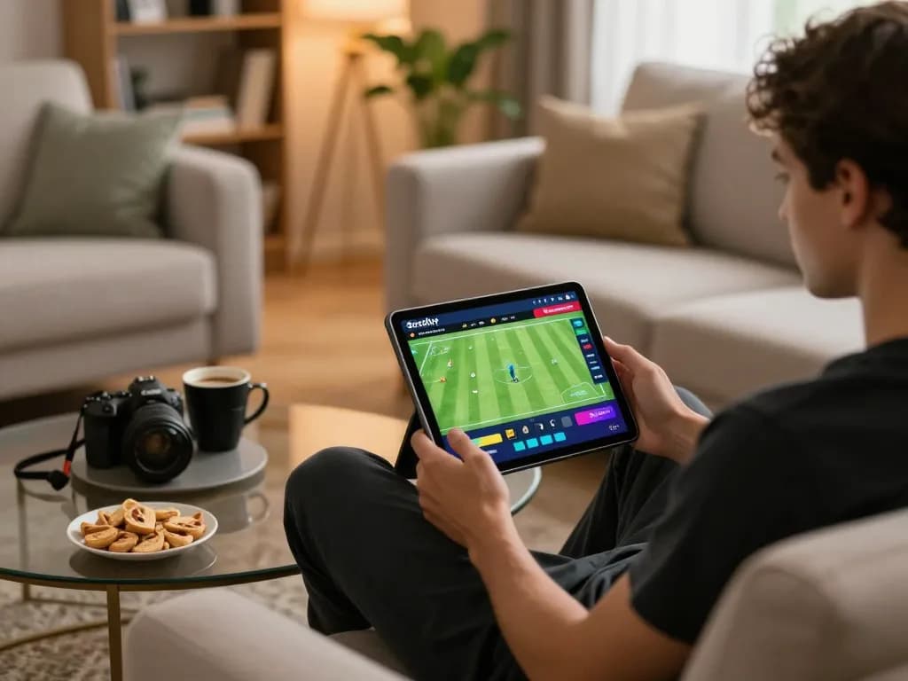 Socolive streaming soccer match on tablet while relaxing at home, highlighting a cozy gaming atmosphere.