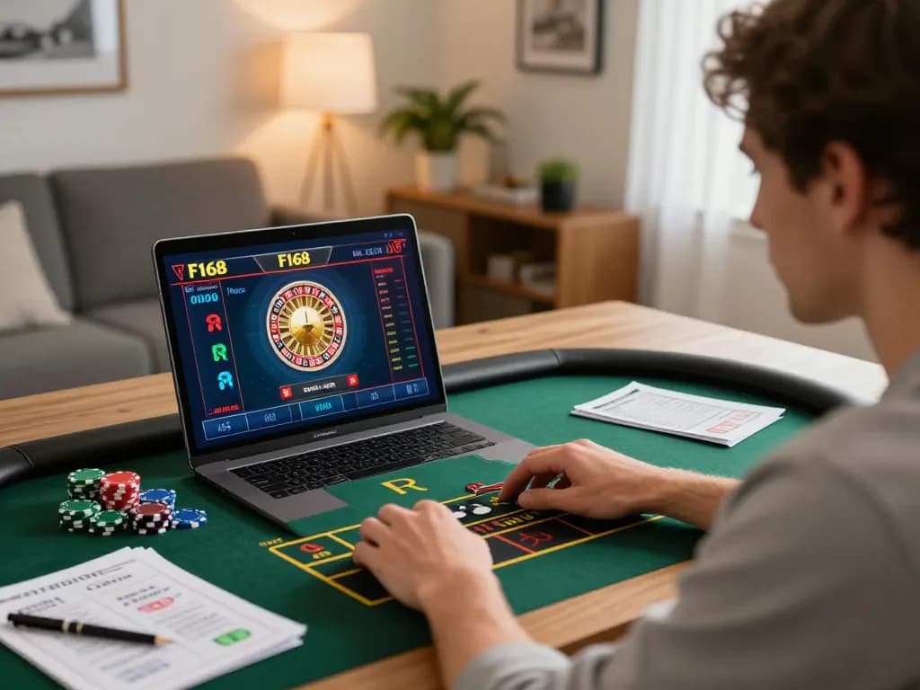 Engaging in F168 online gambling with a laptop displaying roulette, fostering strategic betting