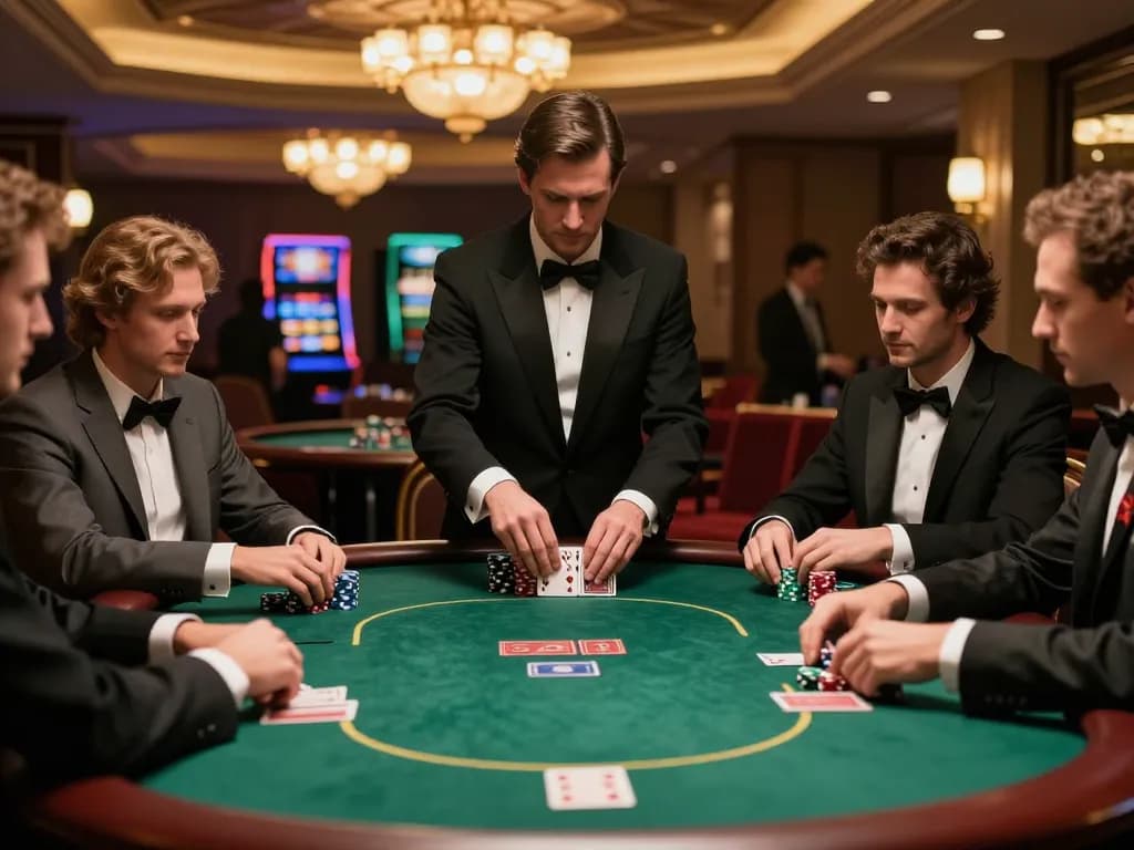 Bangsawan88gg players strategizing during a high-stakes poker game in a luxurious casino environment.