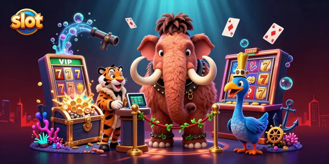 Pemain memutar slot di kasino dengan karakter menarik seperti mammoth dan harimau, menunggu jackpot besar