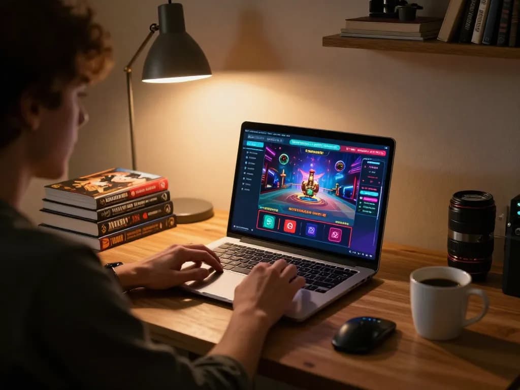 Engaging gameplay on https://mm88.today/ online casino interface in stylish home office setup.