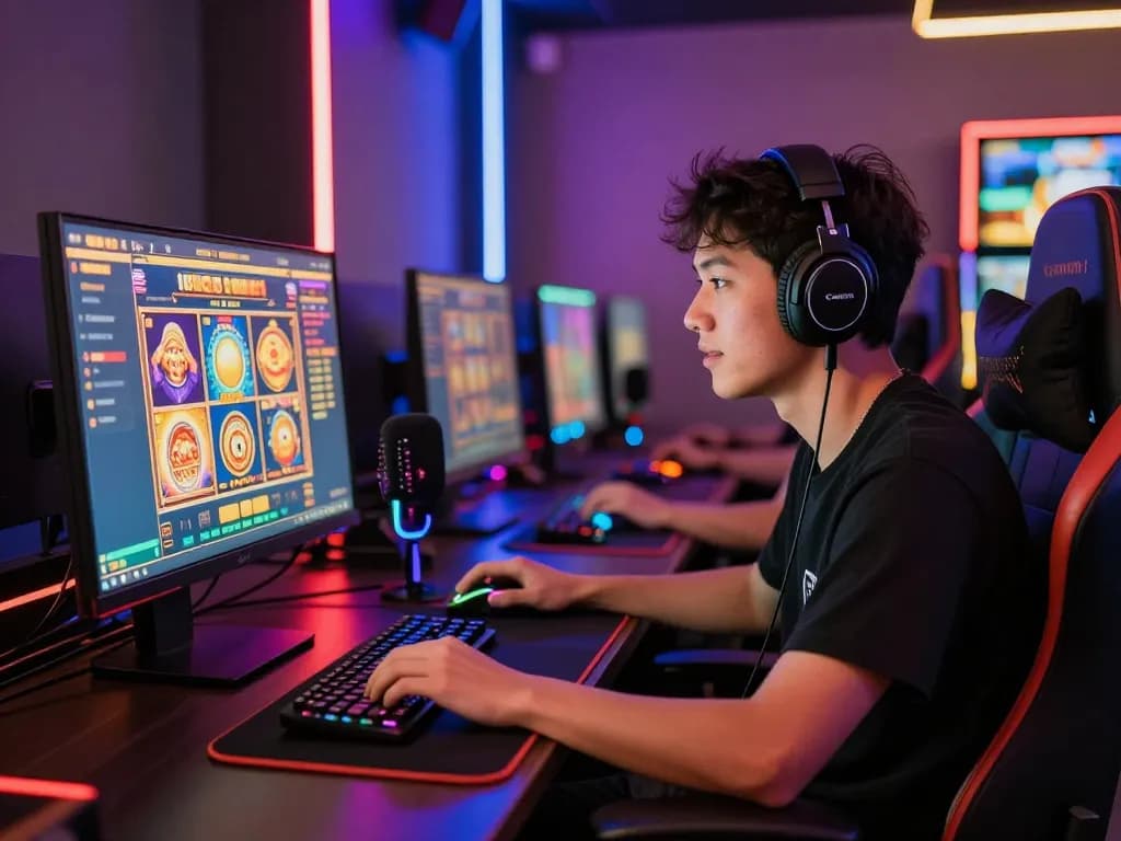 Pemain terlibat dengan permainan slot gacor online yang mendebarkan dalam pengaturan gaming modern, antarmuka berwarna-warni, suasana yang imersif.
