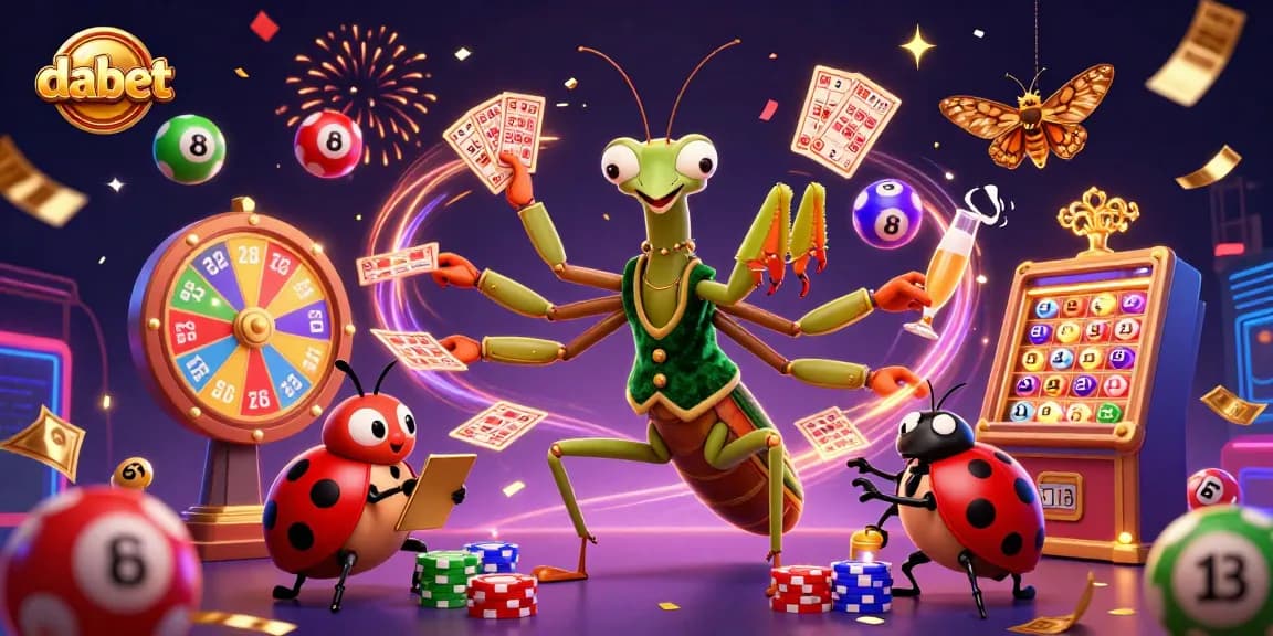 dabet promotes an exciting casino scene with a cartoon mantis and ladybug amid vibrant gaming elements.