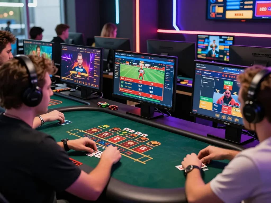 Onbet online gaming scene with players engaging in diverse betting activities and vibrant casino graphics.