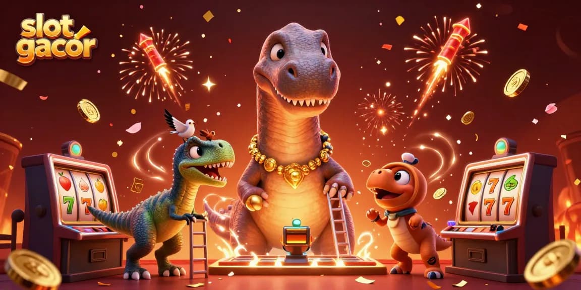 Engage with slot gacor as a giant dinosaur oversees the vibrant casino scene.