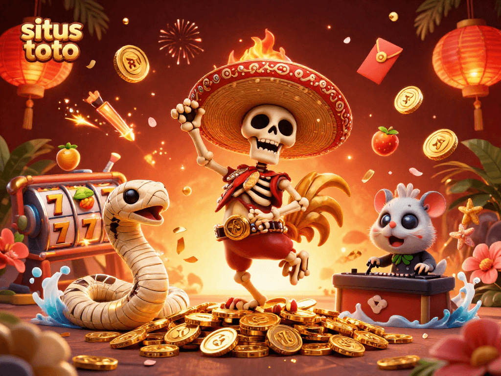 Experience situs toto with energetic characters celebrating on golden coins, surrounded by vibrant gambling elements.
