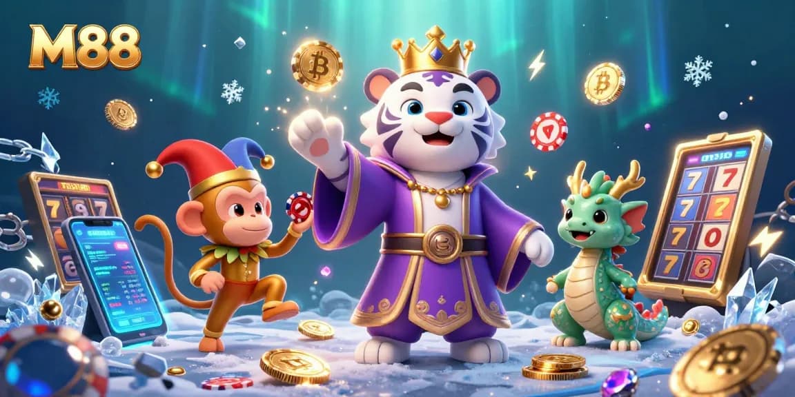 M88 offers vibrant casino entertainment highlighted by an elegant tiger and playful monkey amidst luxurious game elements.
