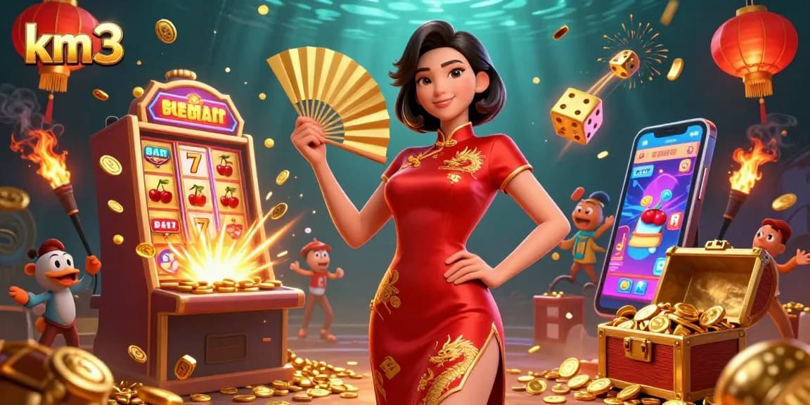 Engage with km3's thrilling casino experience featuring a stunning woman amidst gold coins and slot symbols