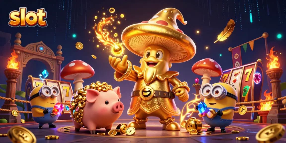 Spin the slot reels with a magical golden mushroom wizard and treasures in an energetic scene.