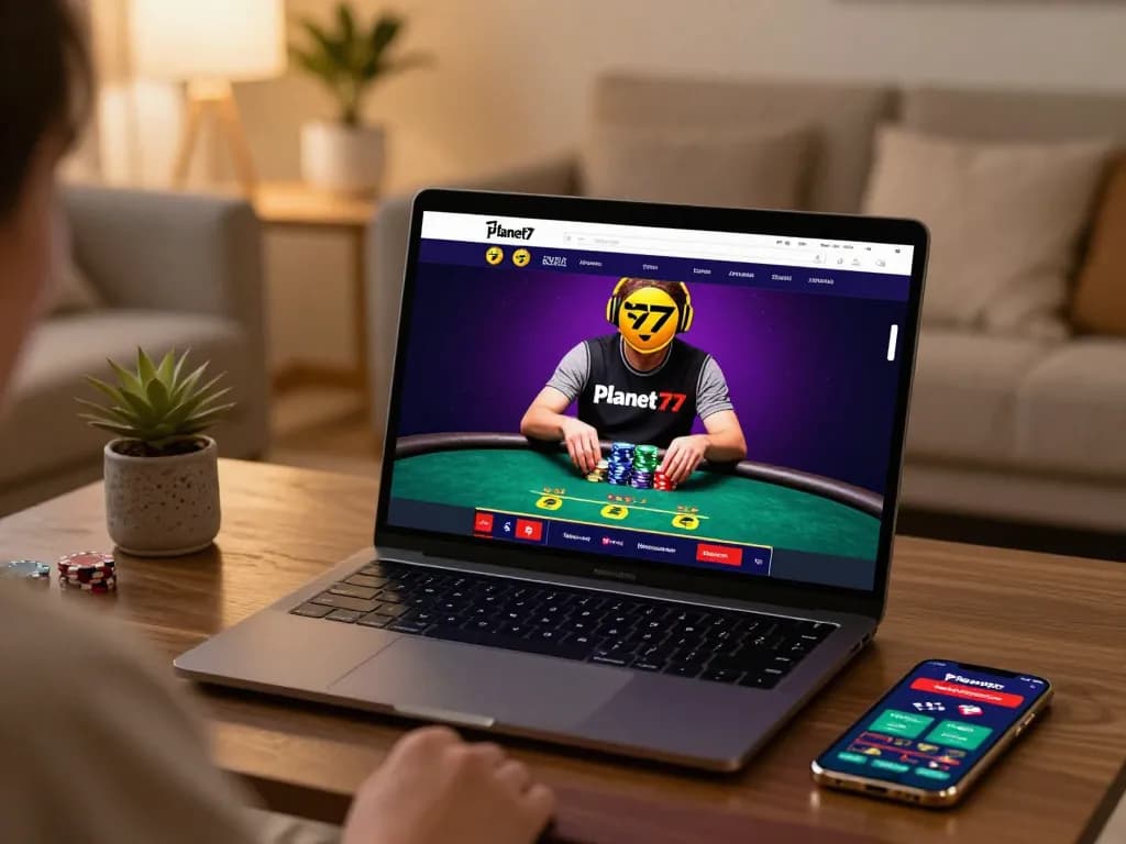 Pemain menikmati permainan poker di casino online Planet77 dari rumah, menampilkan permainan interaktif