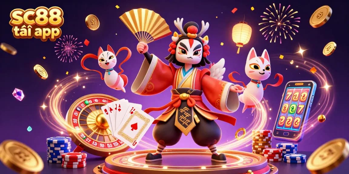 Experience the thrill of sc88 tải app with a kabuki warrior and kitsune mask surrounded by casino elements.