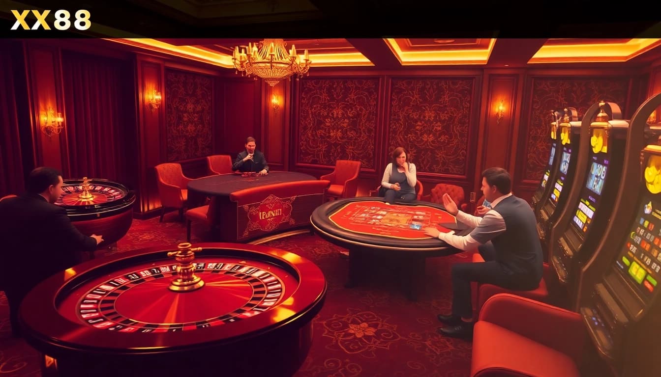 Experience thrilling gameplay at XX88 with an elegant casino atmosphere showcasing roulette and slots.