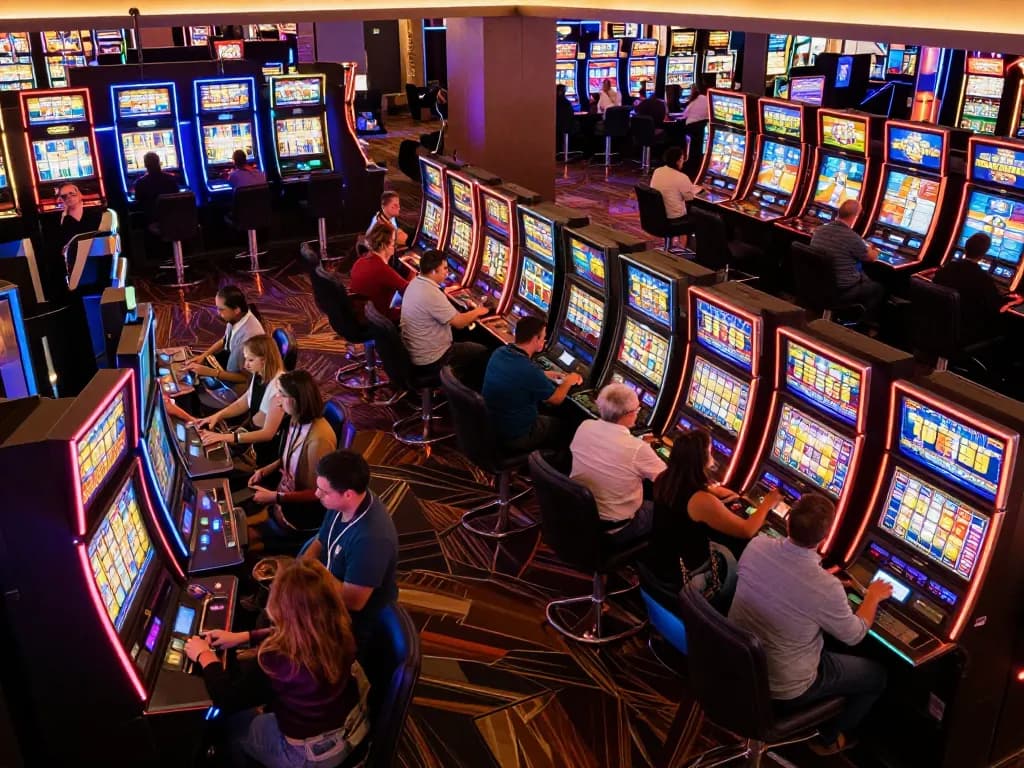 Players enjoying exciting slot games in a colorful casino area with vibrant lights