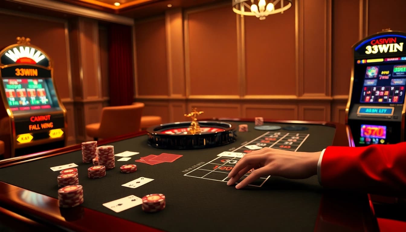 Experience a thrilling betting moment at the 33WIN casino table with vibrant chips and cards.