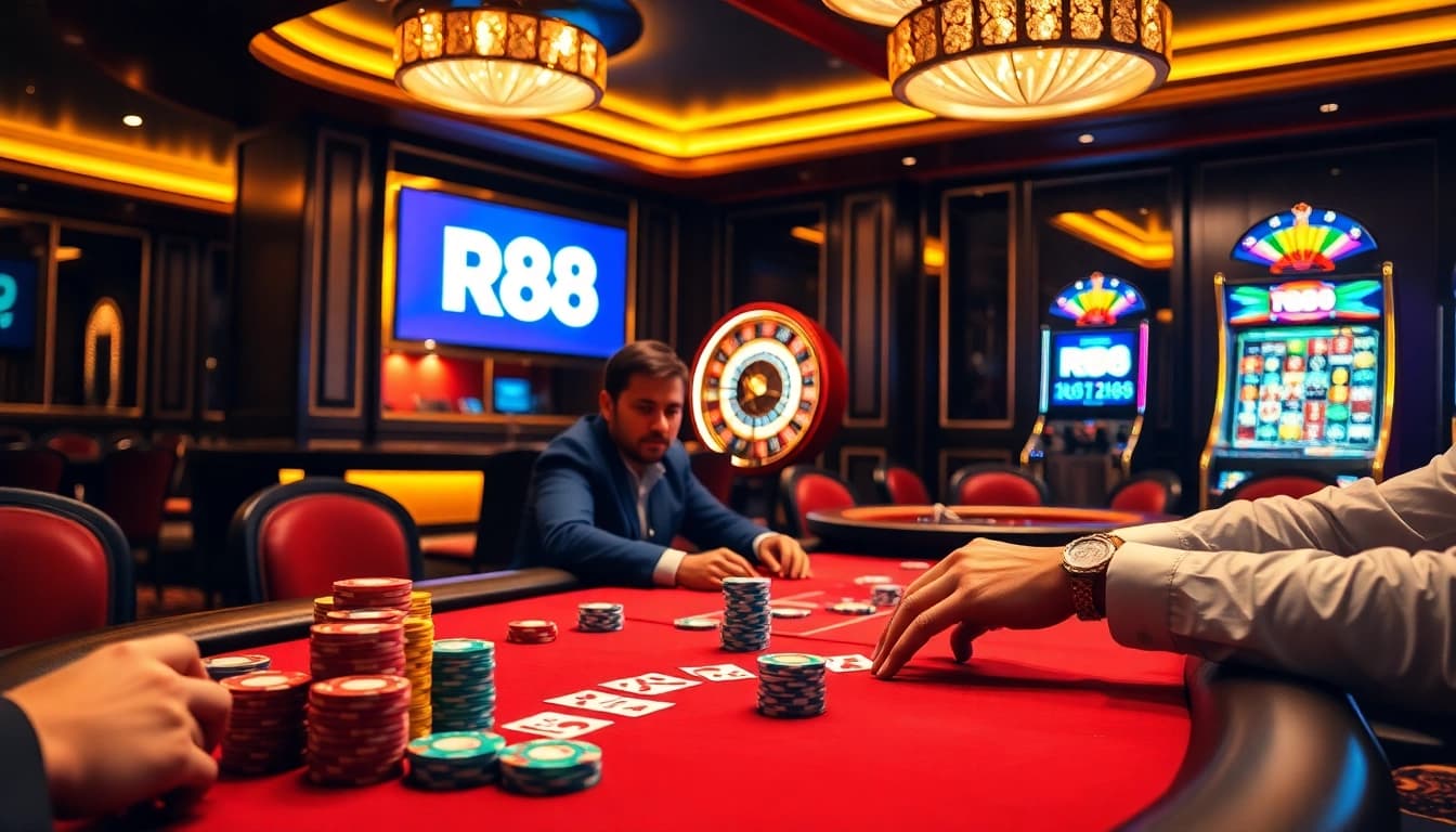 RR88 poker players strategizing in a luxurious casino atmosphere.