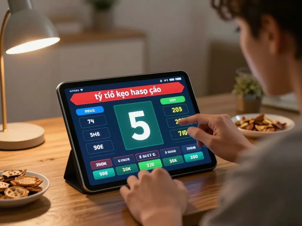Tỷ lệ kèo nhà cái 5 showcased on a tablet screen during a sports betting session in a cozy home setting.